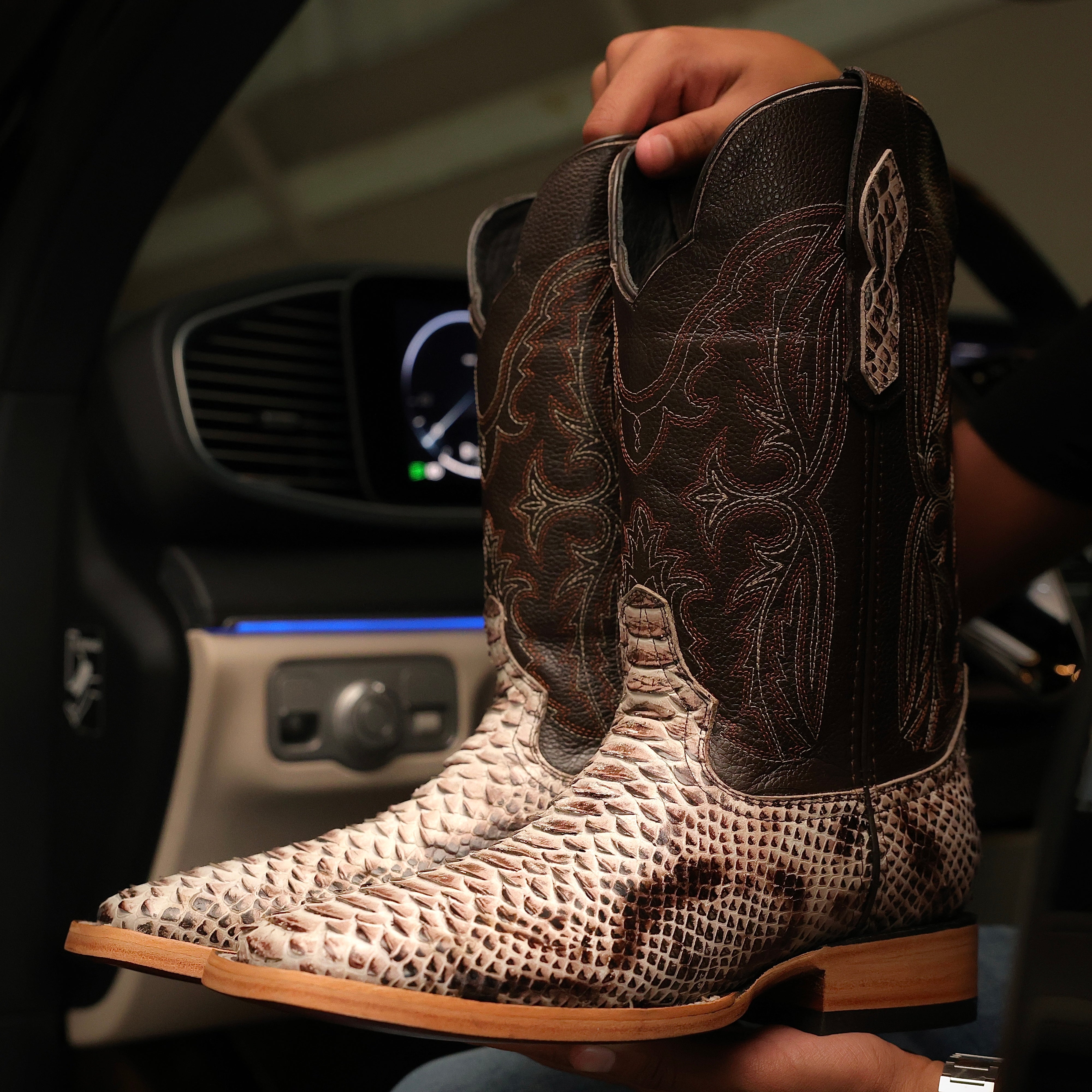 Natural Brown Python Leather Boots — Square Toe
