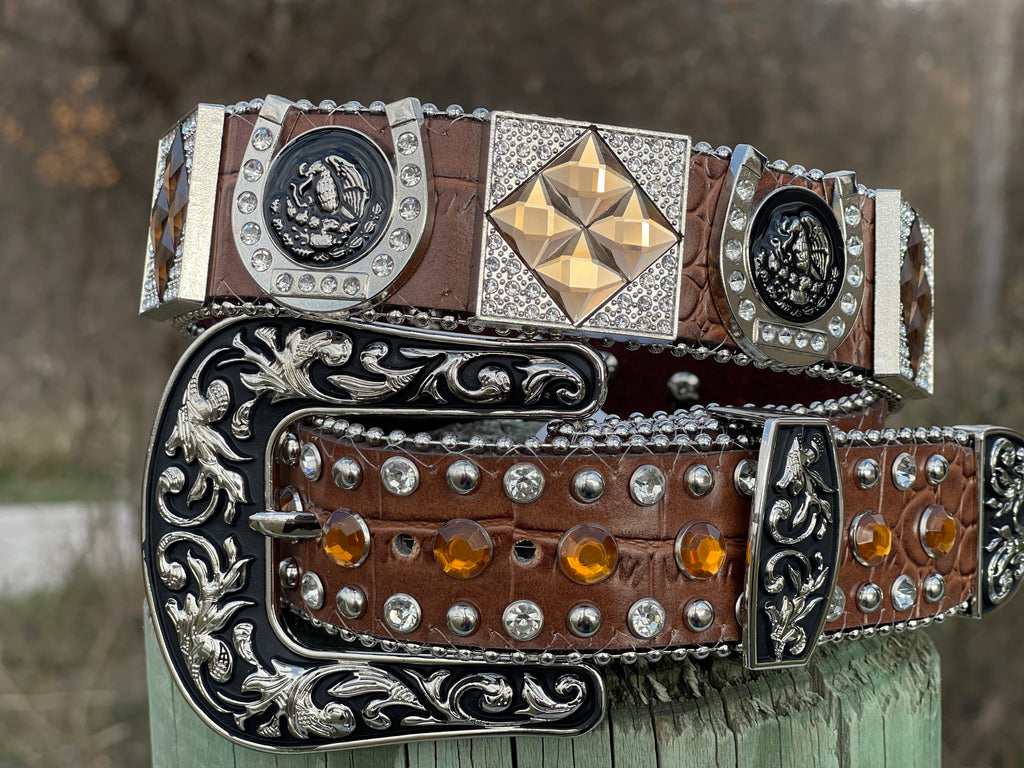 Western Black Leather Belt with Mexico Flag Rhinestones