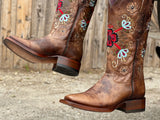 Women’s Rustic Caramel Leather Boots With Flower Embroidery Shaft