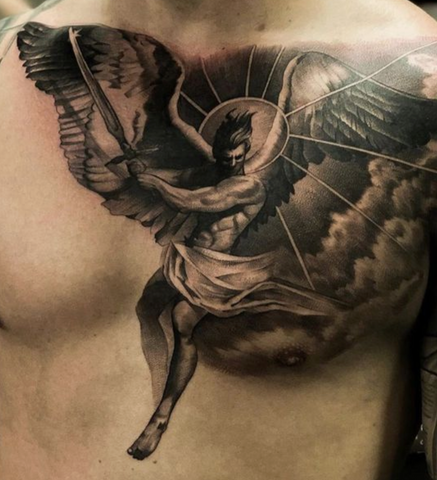 Icarus tattoo black and grey chest