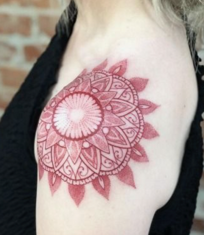 Mandala tattoo red shoulder