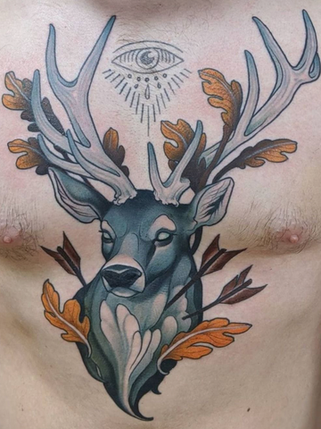 Stag tattoo neo traditional chest 