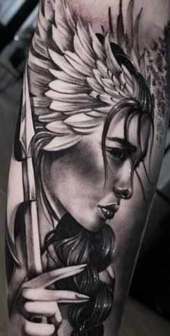 Valkyrie tattoo black and grey realism arm