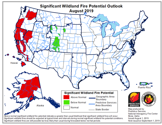 August 2019 uwezekano wa WilfFire Hazard Moto Spots