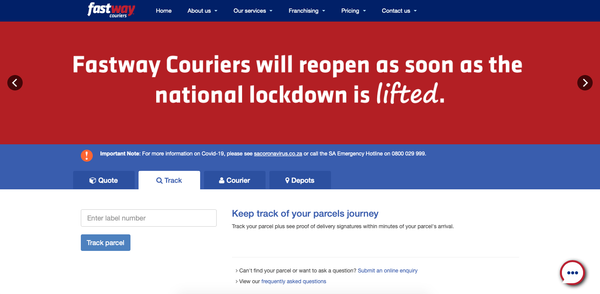 Fastway Couriers Website Notification regarding Coronavirus LOCKDOWN