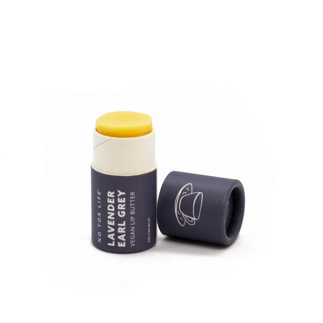 The Lavender Earl Grey Lip Balm is vegan and plastic free. 