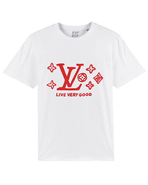 white t shirt with red print