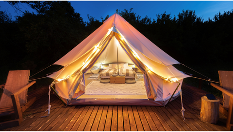 Fancy glamping tent with fairy lights