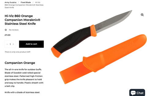 Product listing for orange fixed blade knife