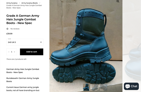 army boots shop listing
