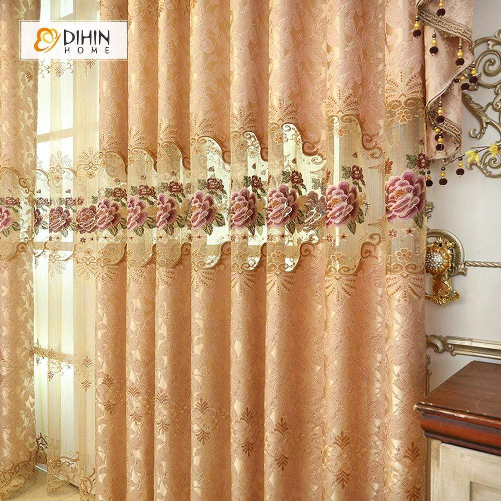 DIHINHOME Home Textile European Curtain DIHIN HOME Noble Brown Embroidered Valance ,Blackout Curtains Grommet Window Curtain for Living Room ,52x84-inch,1 Panel