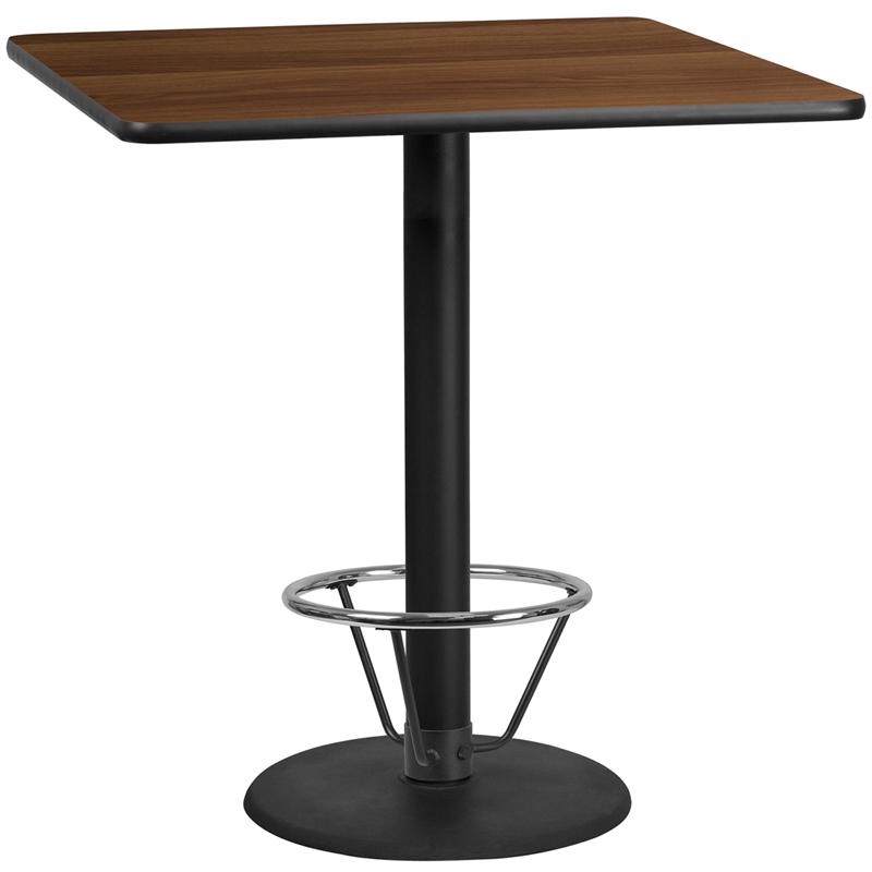 Flash Furniture 42'' Square Walnut Laminate Table Top with 24'' Round Bar Height Table Base and Foot Ring - XU-WALTB-4242-TR24B-4CFR-GG
