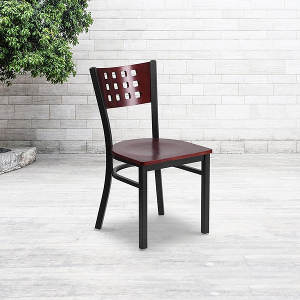 Flash Furniture HERCULES Series Black Cutout Back Metal Restaurant Chair - Mahogany Wood Back & Seat - XU-DG-60117-MAH-MTL-GG