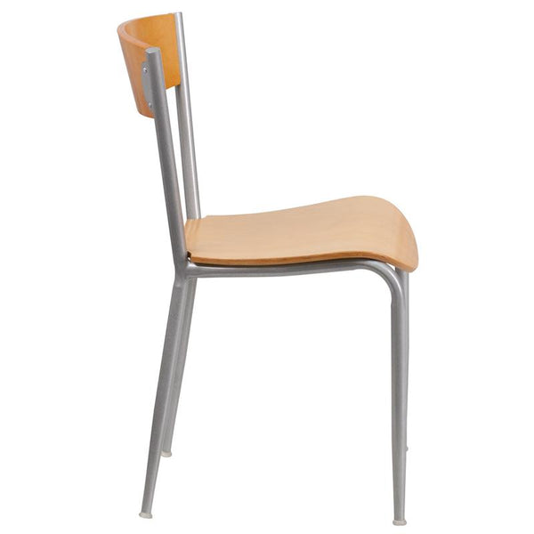 Flash Furniture Invincible Series Silver Metal Restaurant Chair - Natural Wood Back & Seat - XU-DG-60217-NAT-GG