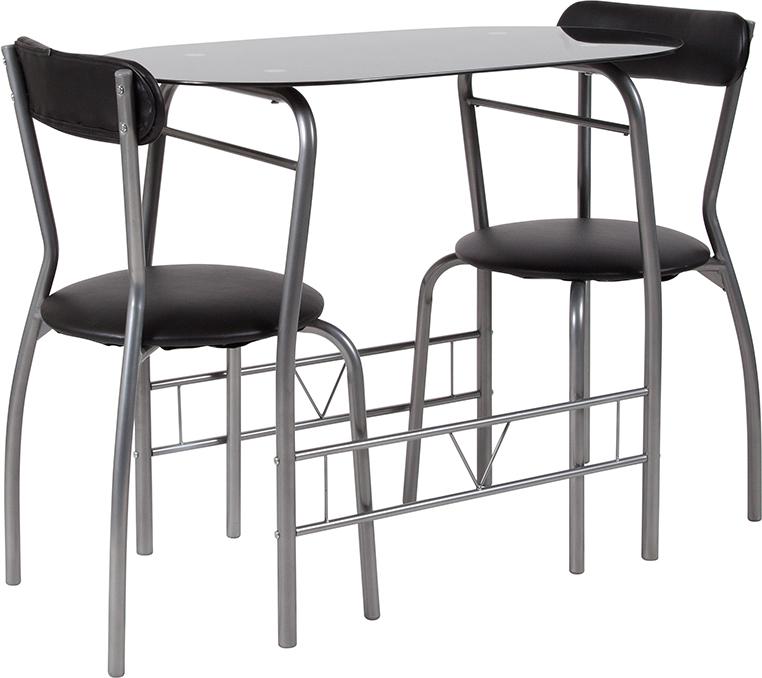 Flash Furniture Sutton 3 Piece Space-Saver Bistro Set with Black Glass Top Table and Black Vinyl Padded Chairs - XM-JM-A0278-1-2-BK-GG