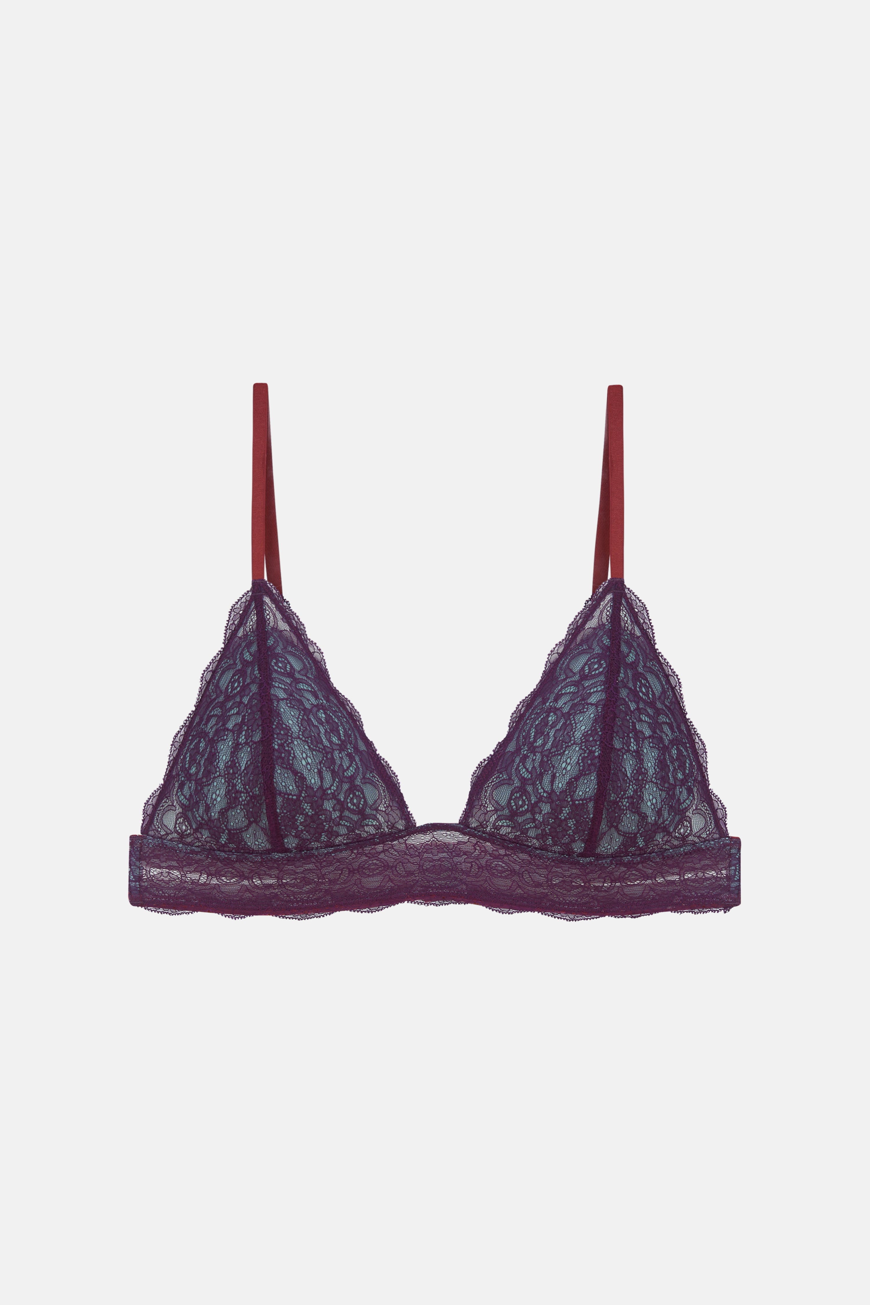 We Are We Wear triangle bralette with velvet and hardwear trims in violet