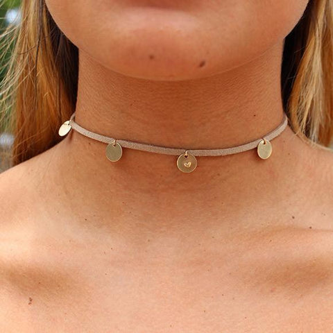 taudrey sand beige suede choker with personalized gold charms