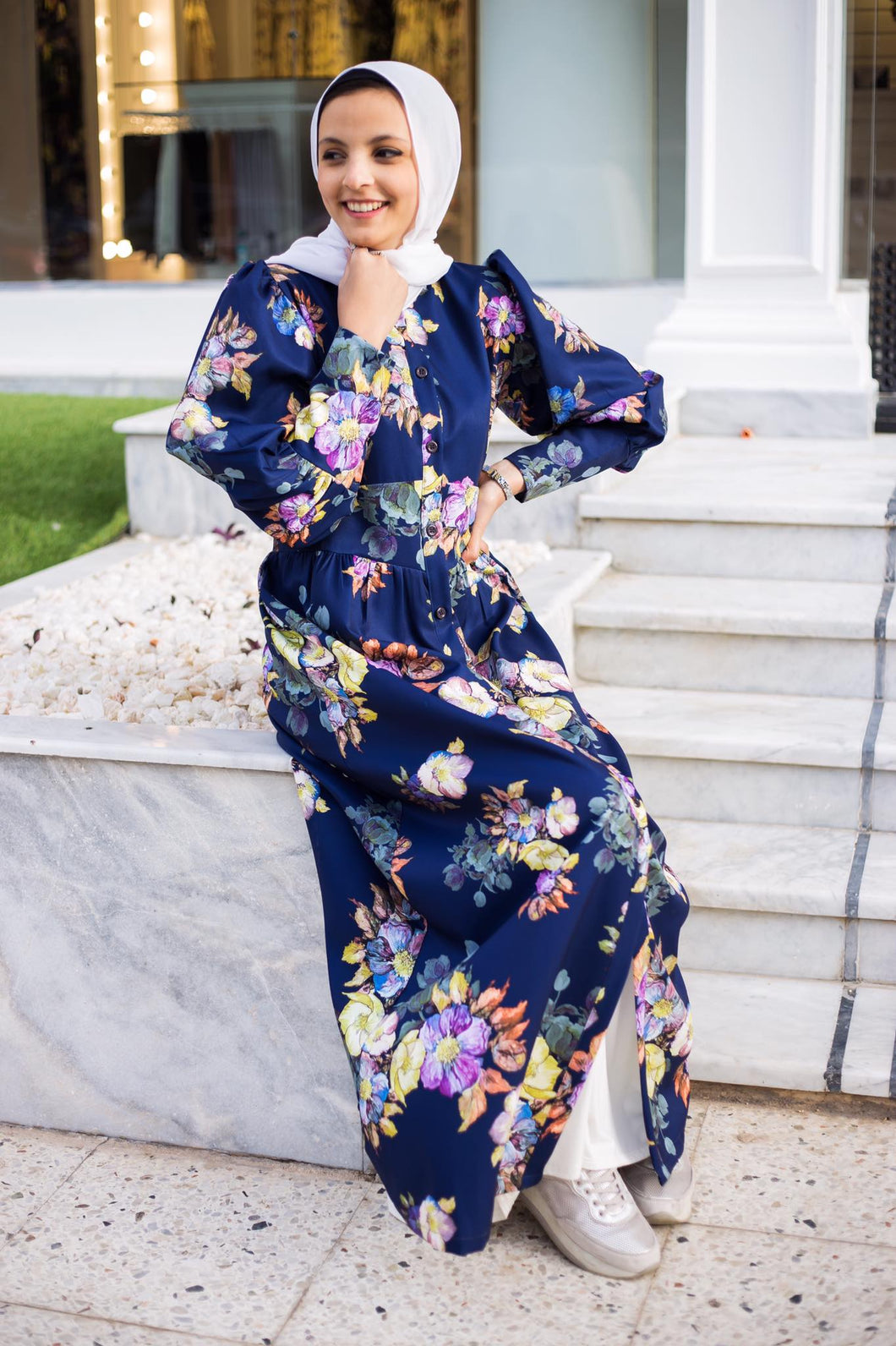 navy blue dress with yellow flowers