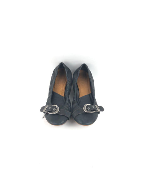 CHRISTIAN DIOR Black Grained Leather Ballet Flats w/ SHW Buckle