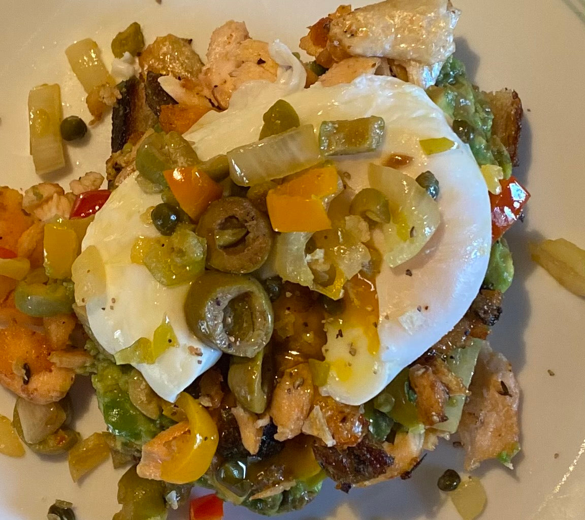 Avocado Toast, Salmon, Egg, Olive Pepper Chowchow