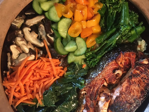 Korean Bibimbap - Salmon, Collard Greens, Persian Cucumbers,Sweet Peppers, Broccolini, on top of Crispy Rice