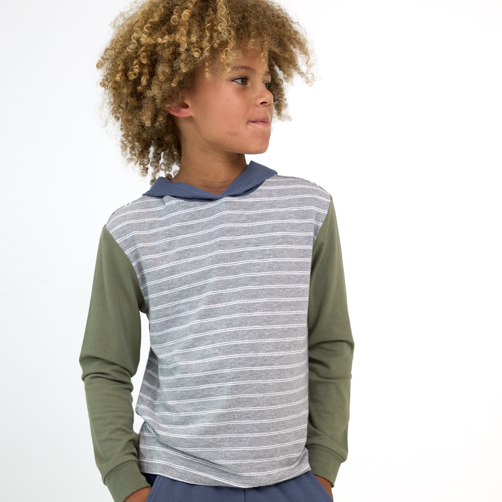 Light Heather Gray Stripes Relaxed Hooded Tee