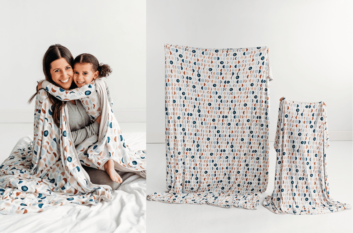 Two images - first an image of a mother and daughter cuddling with Luna Neutral Oversized Cloud Blanket. Second image of an Oversized Cloud Blanket being held up next to a Cloud Blanket.