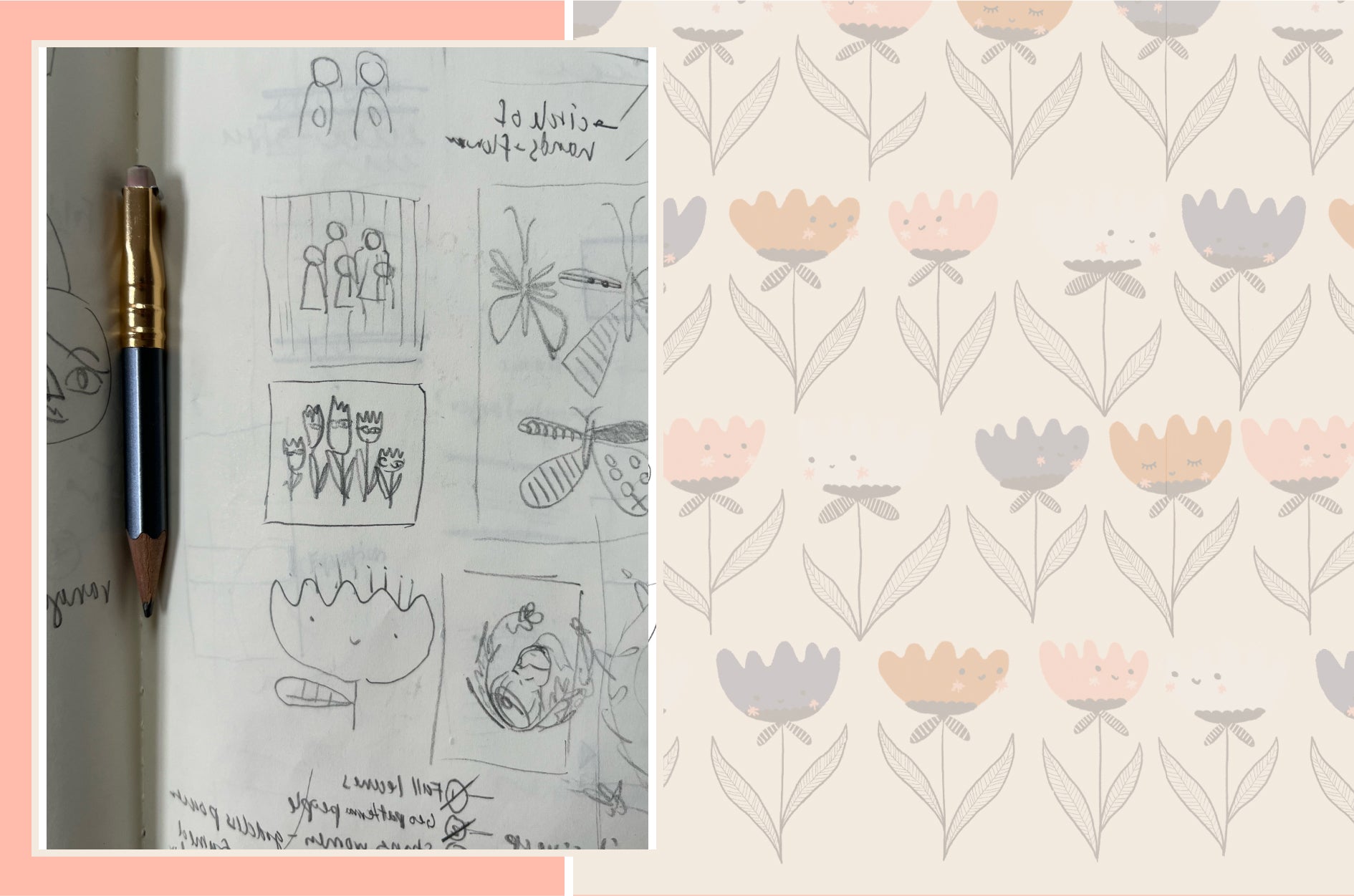 Image of early sketches of the Flower Friends print