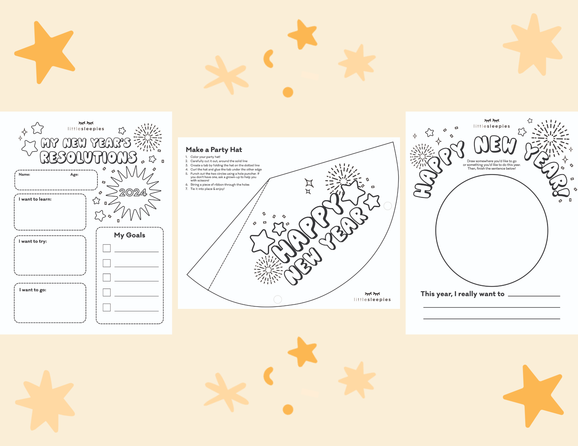 Little Sleepies | Printable New Year's Eve Activity Sheets | Coloring Pages