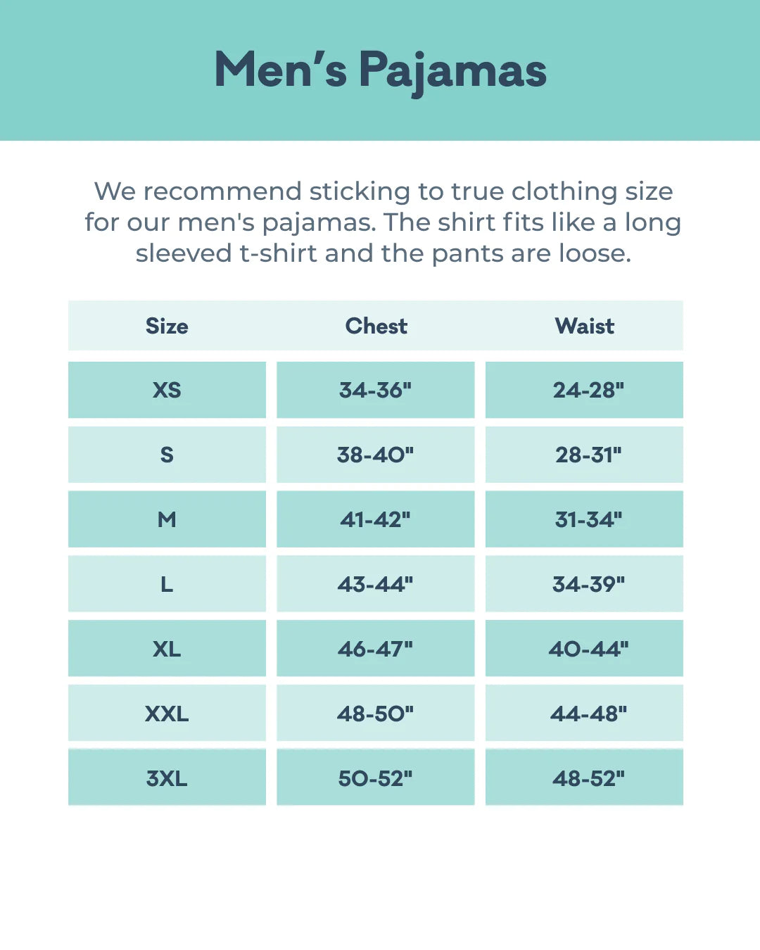 Men's Pajama Size Chart: size xs waist 24-28in and 34-36in chest; size s 28-32in waist and  38-40in chest; size m 31-34in waist and 41-42in chest; size L 34-39in waist and 43-44in chest; size xl 40-44in waist and 46-47in chest; size xxl 44-48in waist and 48-50in chest; size 3xl 48-50in waist and 50-52in chest