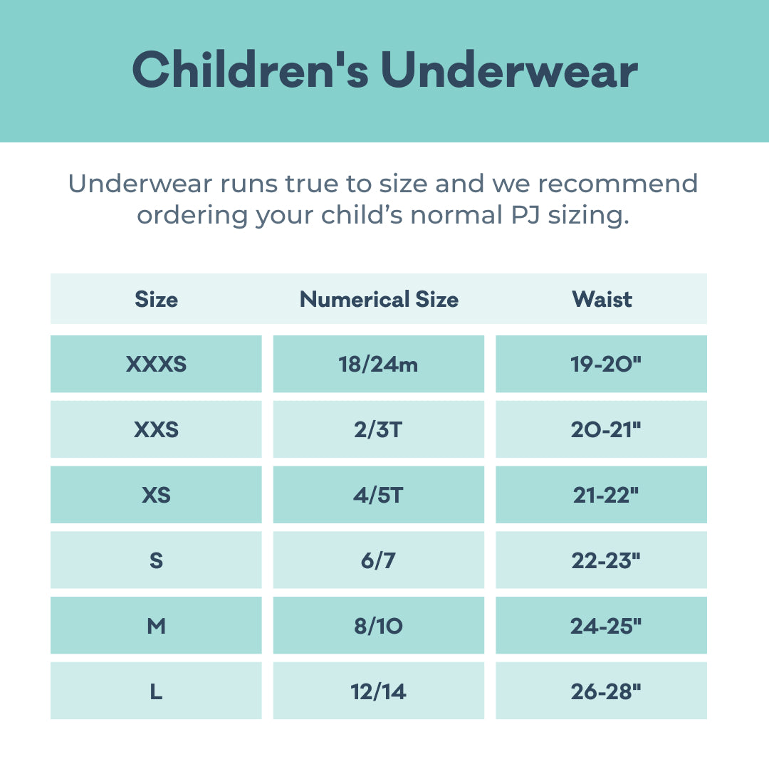 Children's Underwear Size Chart: underwear size xxxs 19-20in waist and 18/24m size; underwear size xxs 20-21in waist and 2/3T size; underwear size xs 21-22in and size 4/5T; underwear size s 22-23in waist and size 6/7m; underwear size m 24-25in size 8/10; underwear size L 26-28in size 12/14
