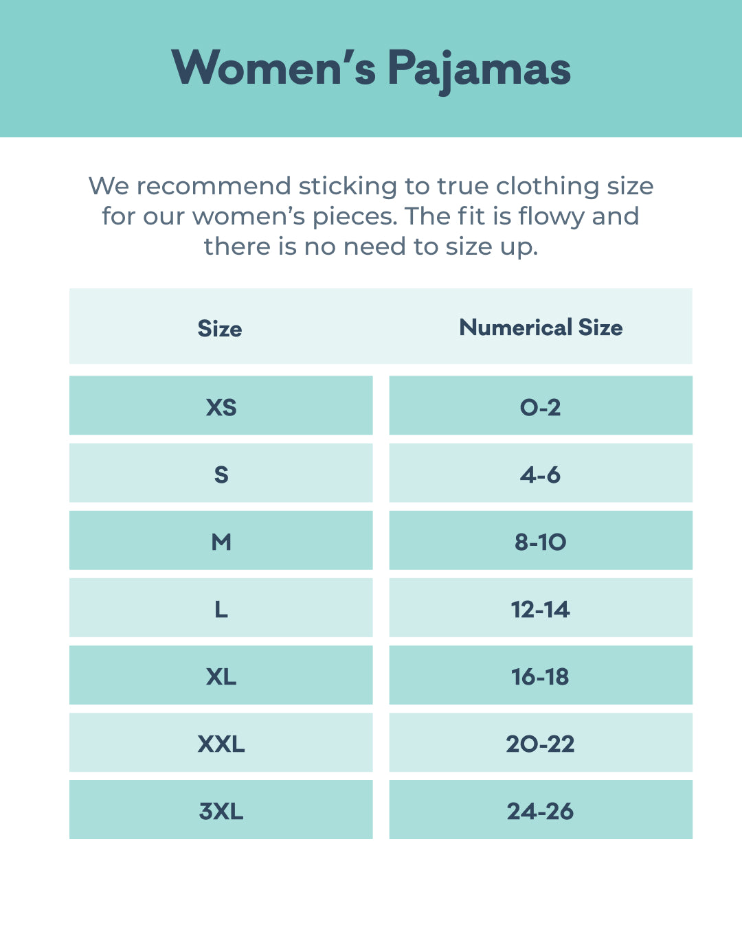 Women's Pajama Size Chart: XS (0-2); S (4-6); M (8-10); L (12-14); XL (16-18); XXL (20-22); 3XL (24-26)