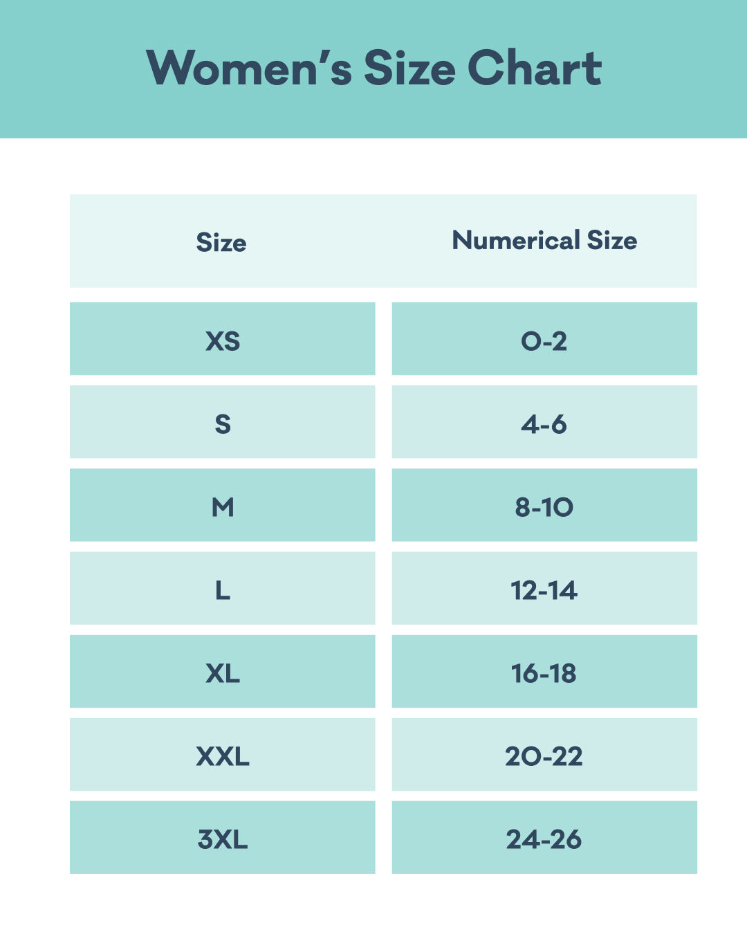 Women's Size Chart: XS (0-2); S (4-6); M (8-10); L (12-14); XL (16-18); XXL (20-22); 3XL (24-26)