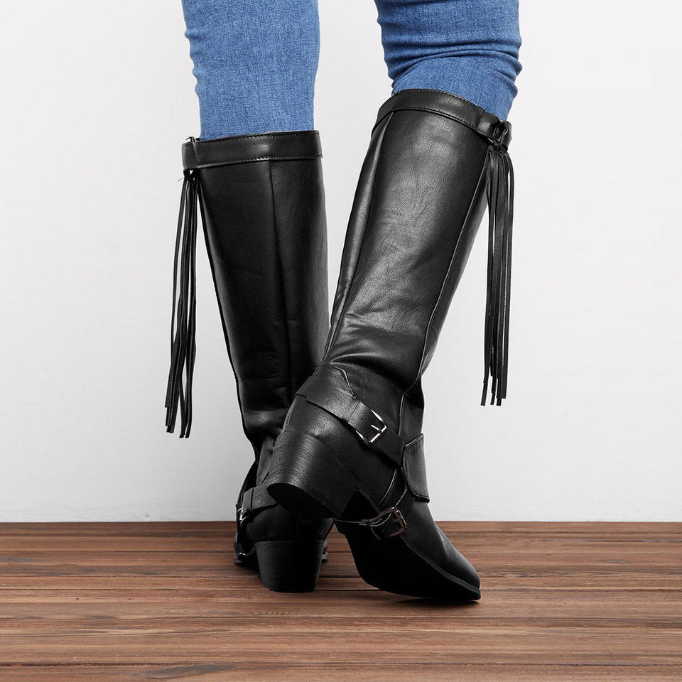 women vintage tassel knot knee high boots chunky heel boots