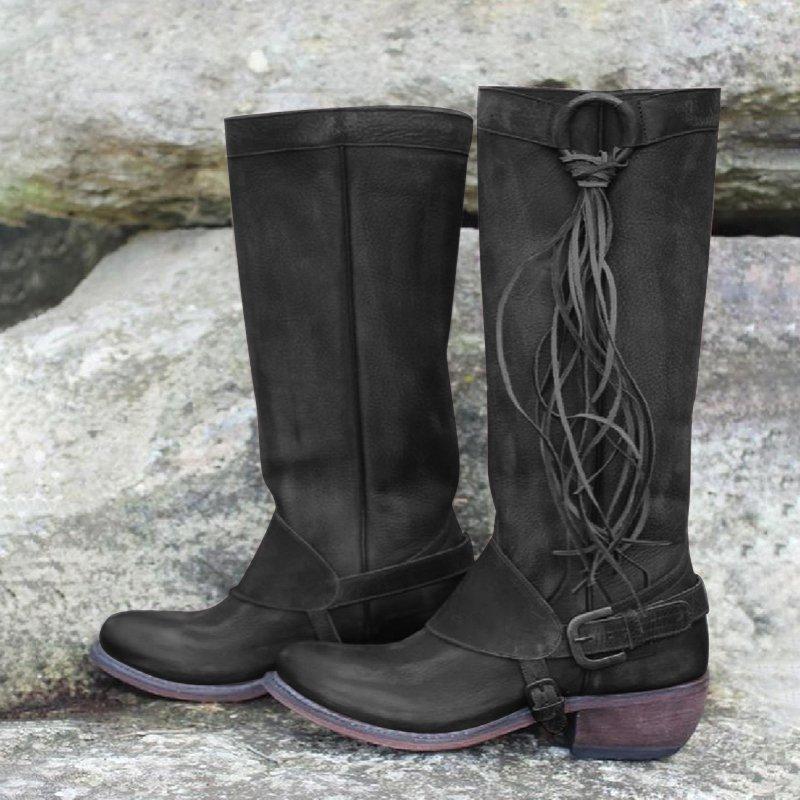 women vintage tassel knot knee high boots chunky heel boots