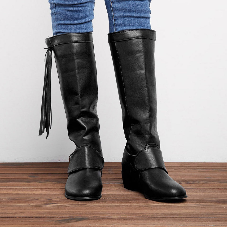 women vintage tassel knot knee high boots chunky heel boots