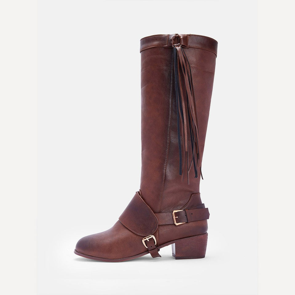 women vintage tassel knot knee high boots chunky heel boots