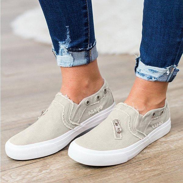 casual solid color zipper decoration canvas loafers