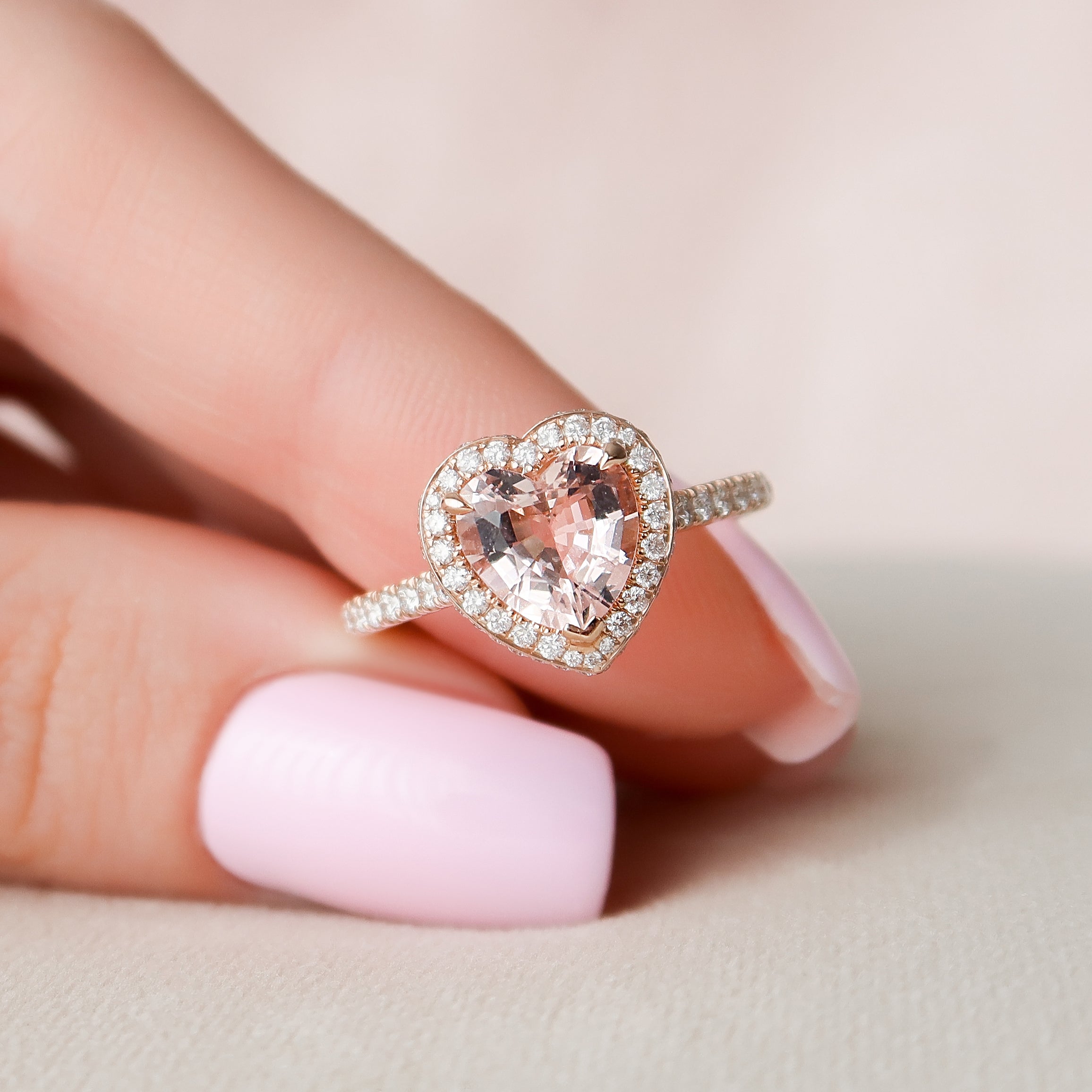 Heart Moonstone Diamond Half Halo Ring Bridal Set 14k Rose Gold