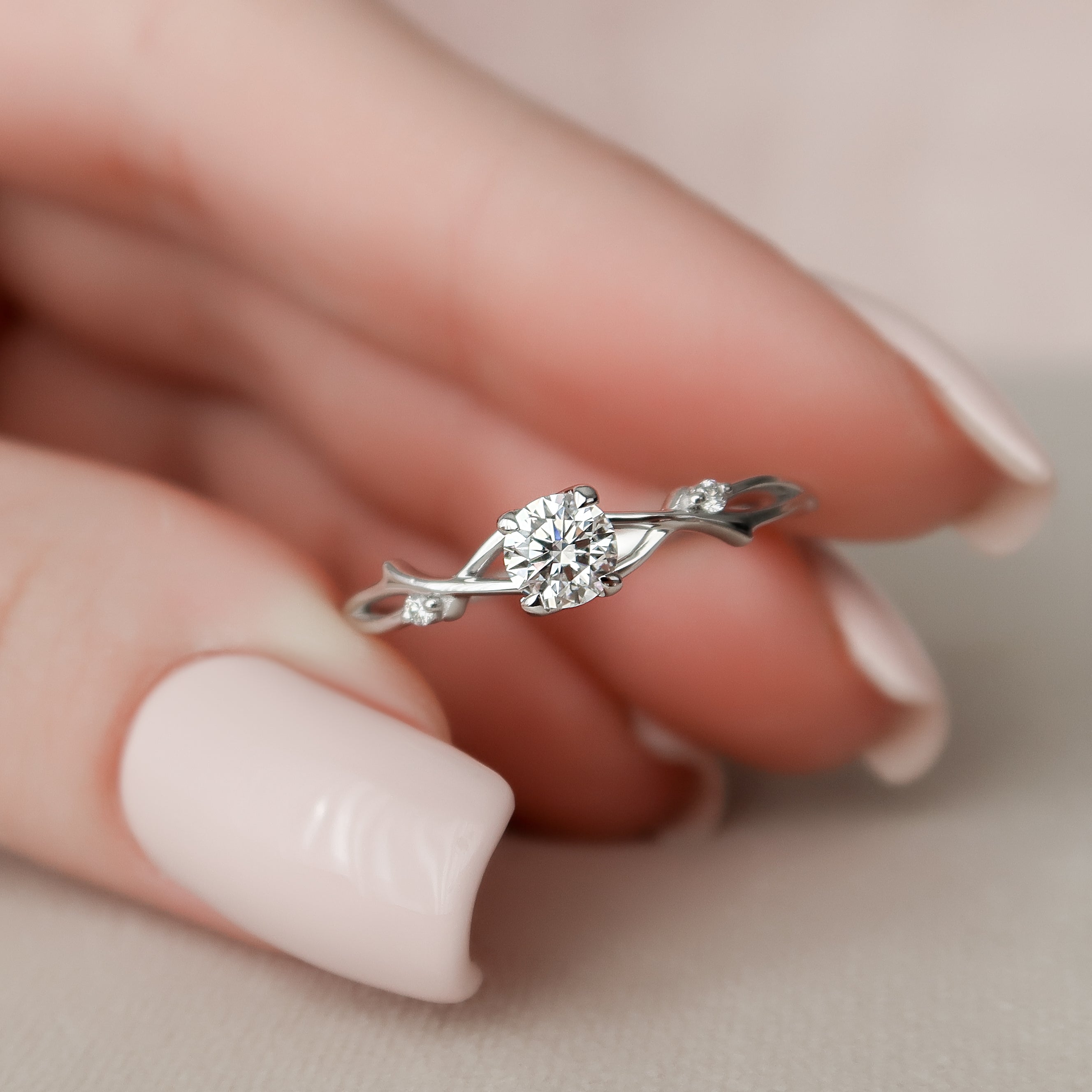 Twig and Maple Leaf Engagement Ring White Gold and Diamond - Doron Merav