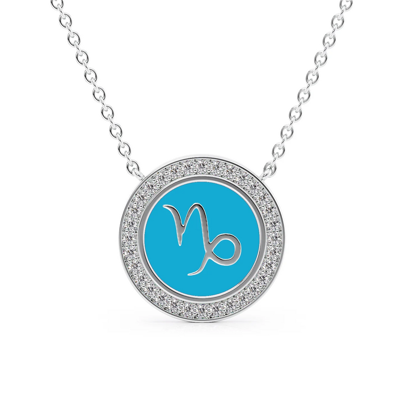 14k White Gold Turquoise Capricorn Disk Pendant