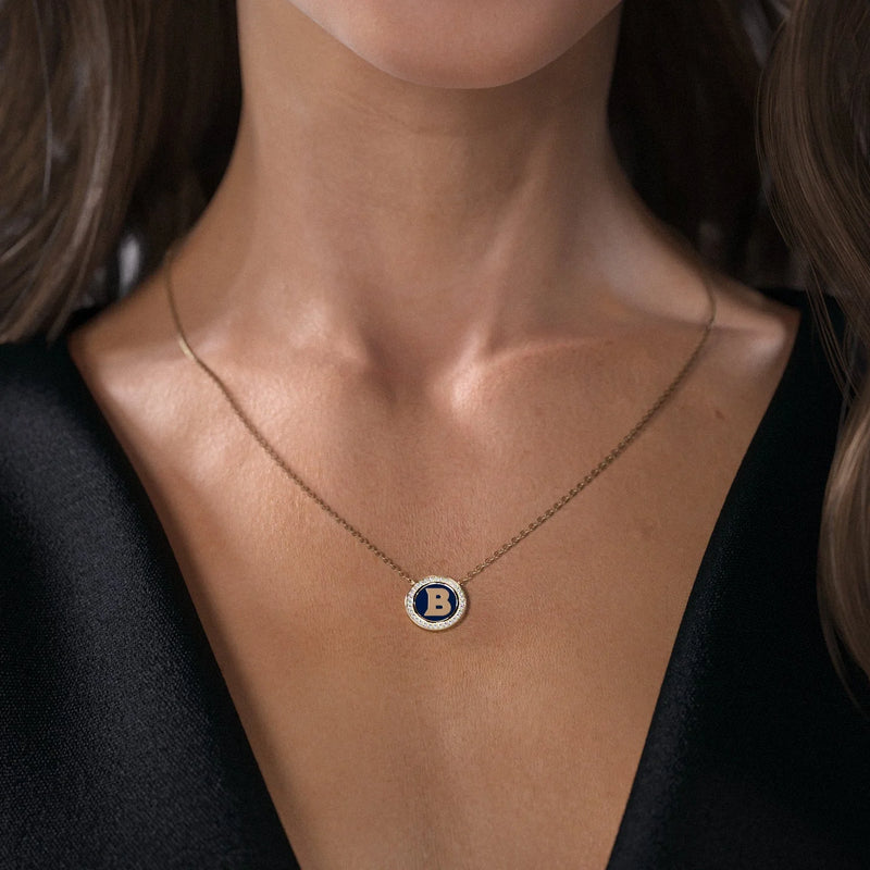 14K Yellow Gold White V Initial Disk Pendant