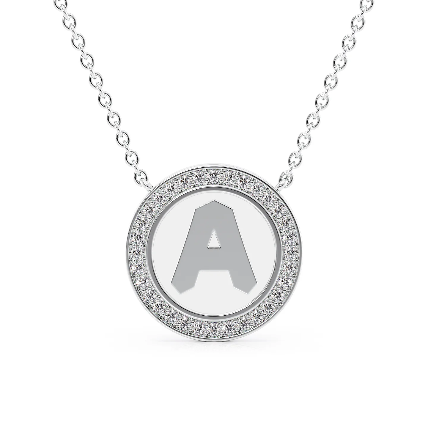 14K White Gold White A Initial Disk Pendant