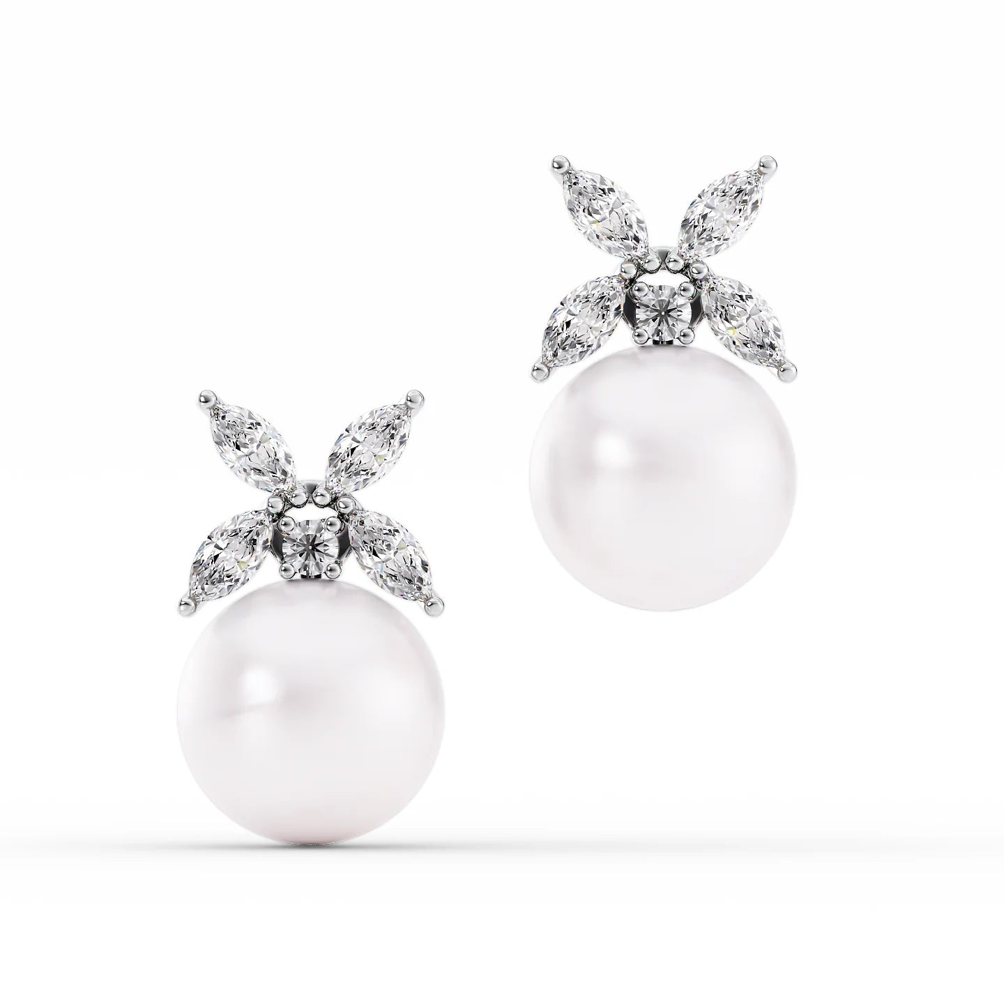 14K White Gold Clover Pearl Studs