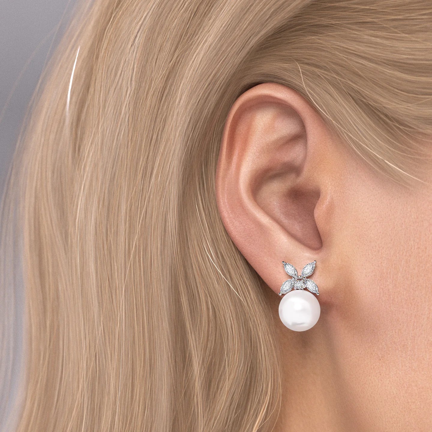 14K White Gold Clover Pearl Studs
