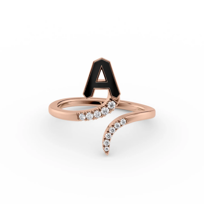 Black A 14K Rose Gold Initial Letter Dainty Ring