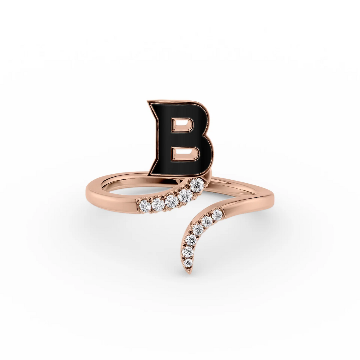 Black B 14K Rose Gold Initial Letter Dainty Ring