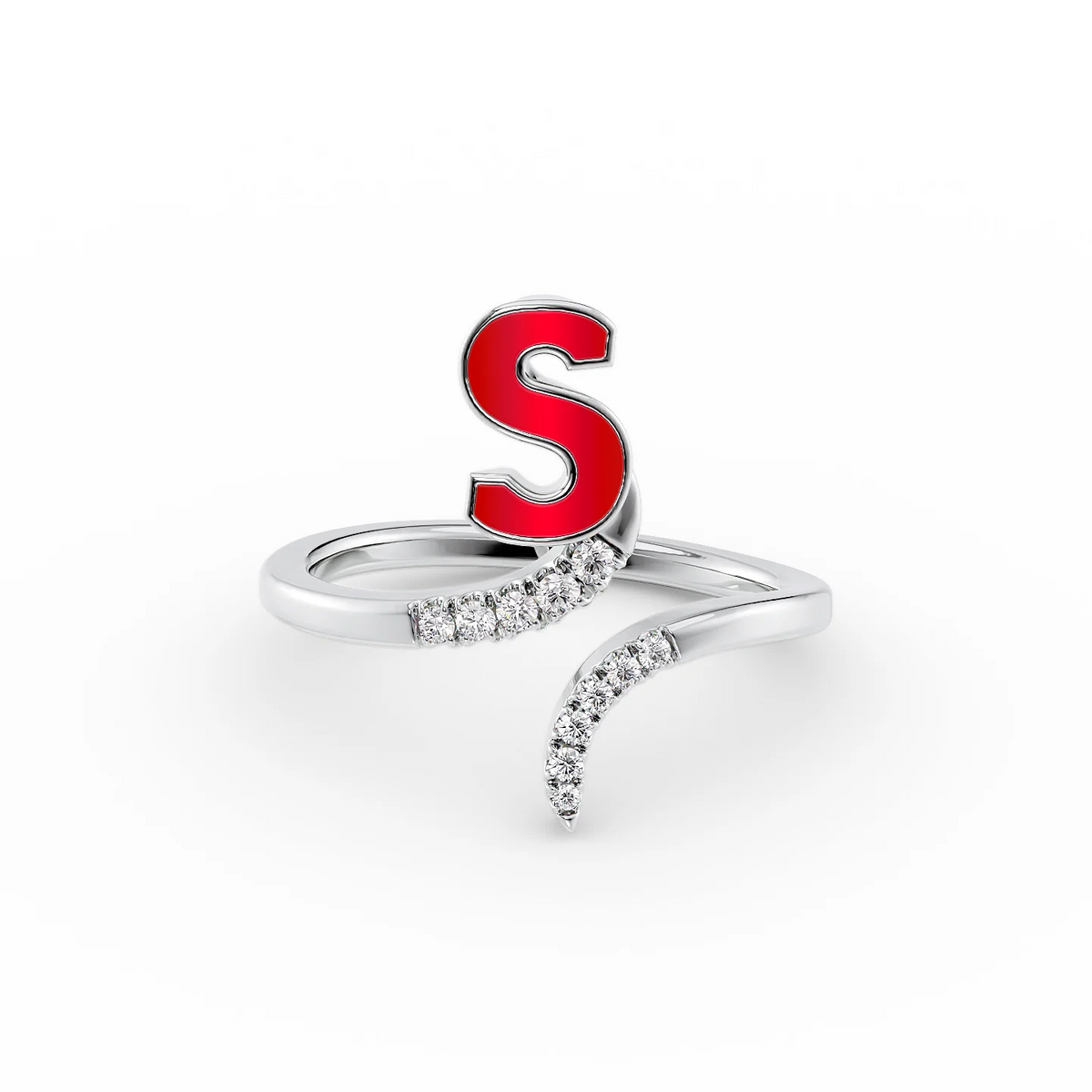 Red S 14K White Gold Initial Letter Dainty Ring