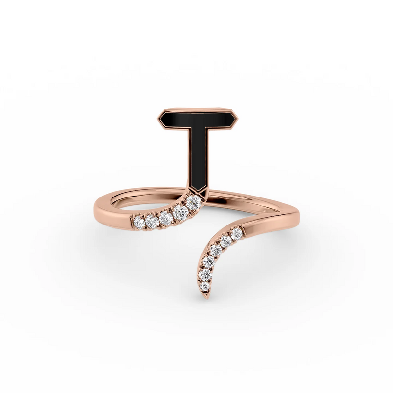 Black T 14K Rose Gold Initial Letter Dainty Ring