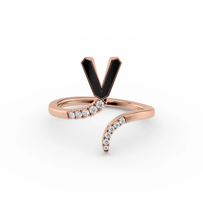 Black V 14K Rose Gold Initial Letter Dainty Ring